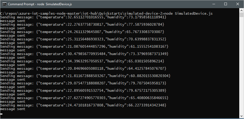 Captura de tela de uma janela de terminal que mostra a saída do aplicativo de dispositivo simulado.