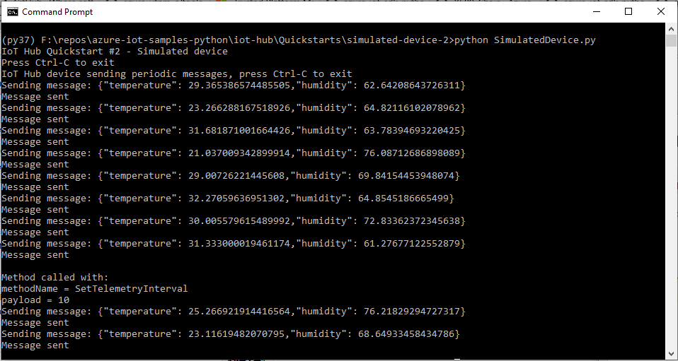 Captura de tela de uma janela de terminal que mostra o resultado da mensagem direta e a saída atualizada do aplicativo de dispositivo simulado.
