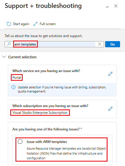 Captura de tela da solicitação de suporte a templates ARM.