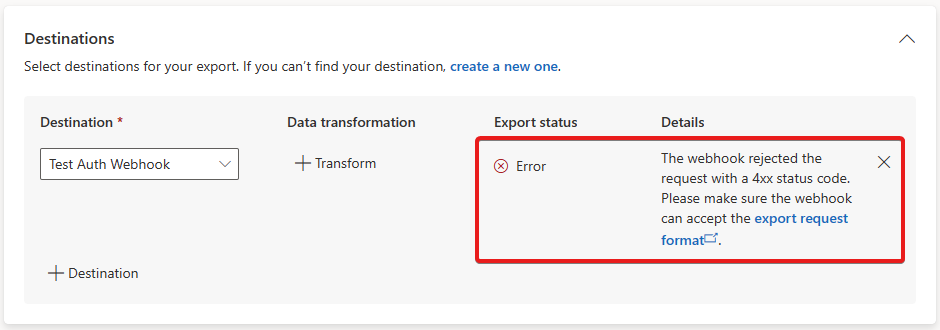 Captura de tela que mostra um exemplo de erro de exportação.