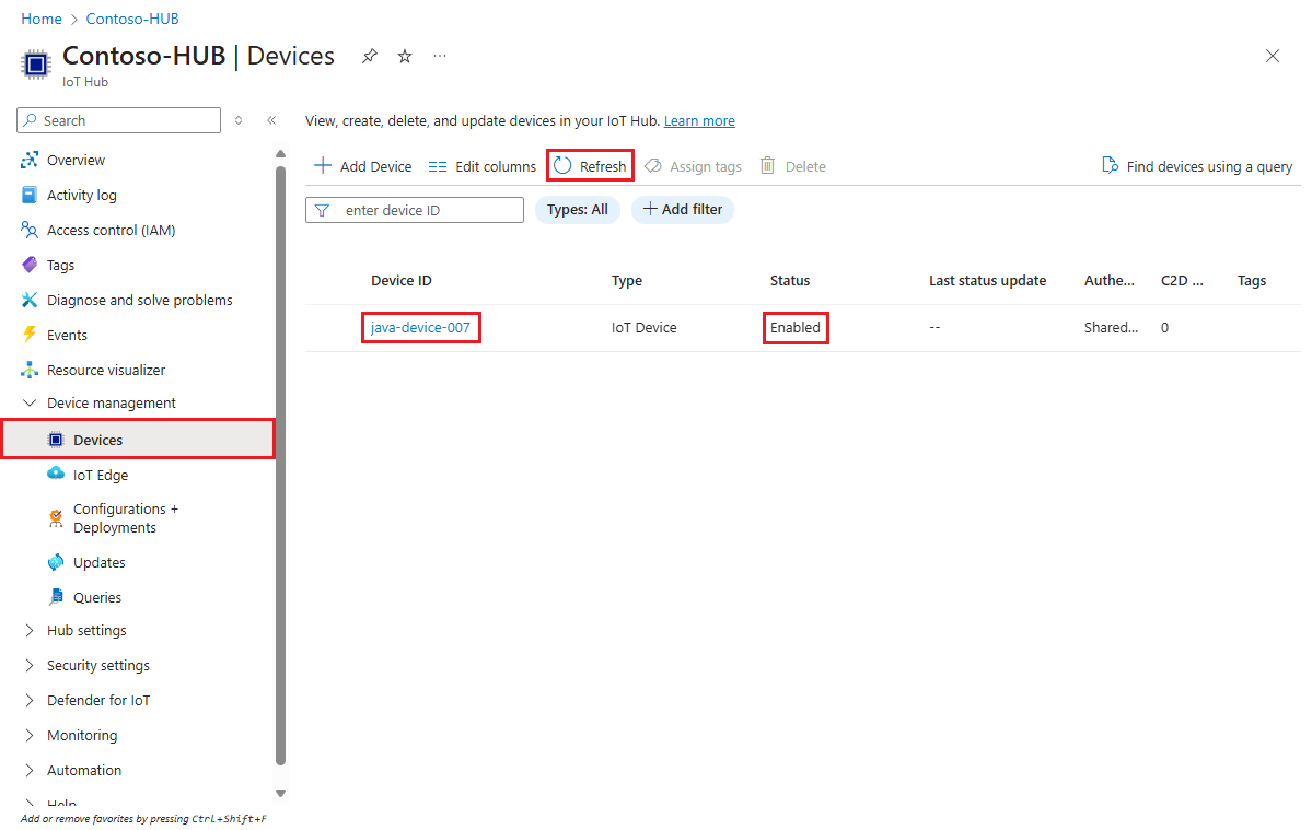 Captura de tela mostrando que o dispositivo está registrado com o hub IoT e habilitado para o exemplo Java.