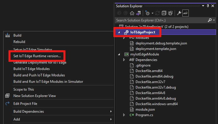 Screenshot de como localizar e selecionar o item de menu chamado 'Definir versão do Runtime do IoT Edge'.