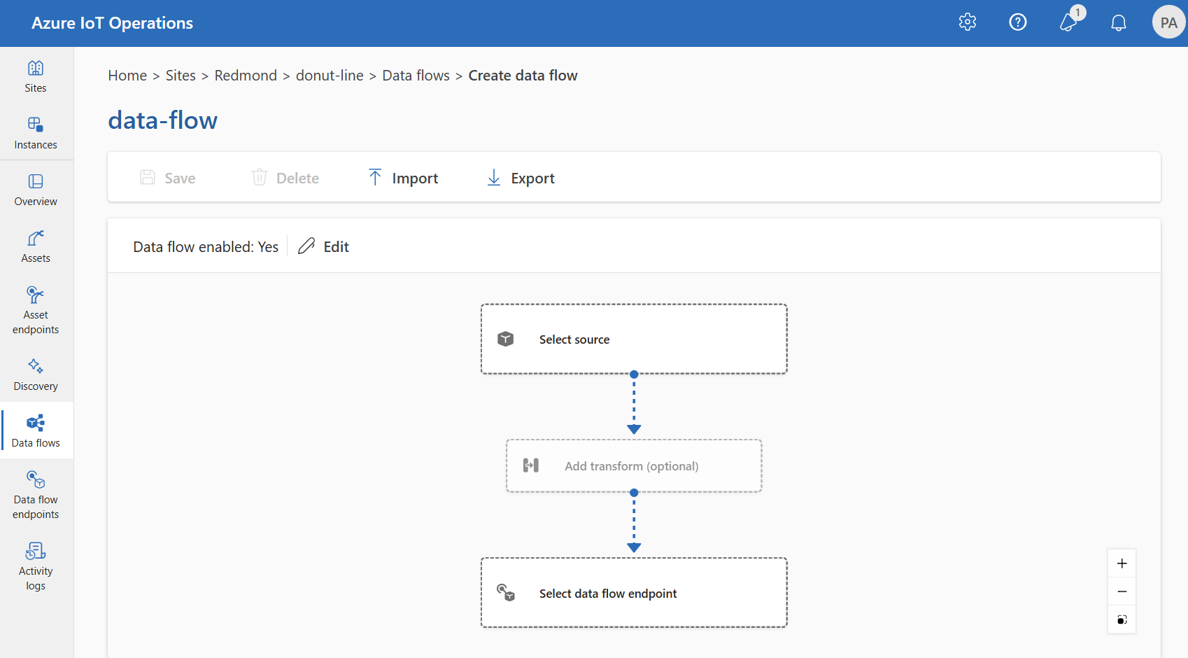 Screenshot da interface de experiência de operações exibindo um diagrama de data flow com um ponto de extremidade de origem, estágio de transformação e ponto de extremidade de destino.