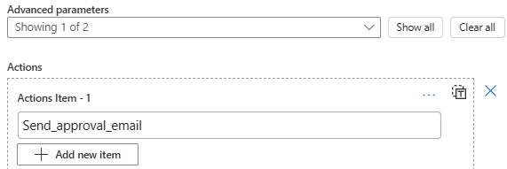 Captura de tela mostrando a caixa -1 do Item de Ações e o nome JSON da ação.