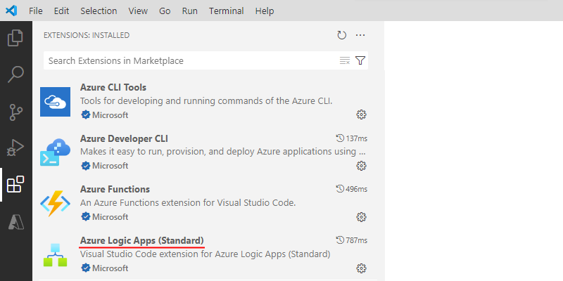 A captura de tela mostra o Visual Studio Code com a extensão dos Aplicativos Lógicos do Azure (Standard) instalada.