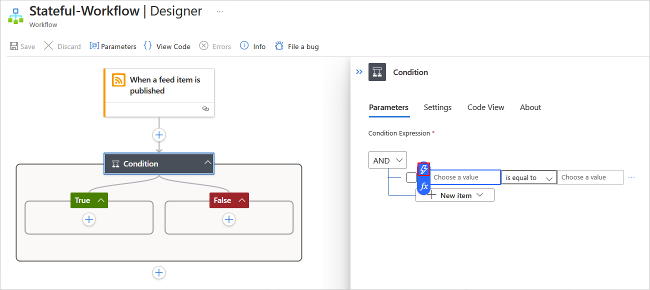 A captura de tela mostra o portal do Azure, o designer de fluxo de trabalho Standard, o gatilho RSS e a ação Condição com o painel de informações aberto e o botão de conteúdo dinâmico selecionado.