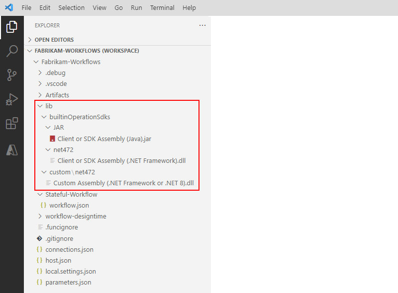 A captura de tela mostra a estrutura do projeto no Visual Studio Code e as pastas de assembly expandidas.