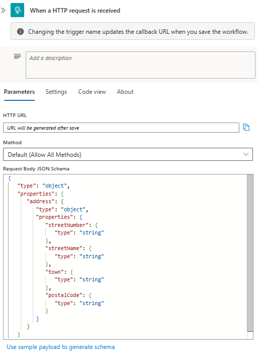 A captura de tela mostra o fluxo de trabalho padrão com o gatilho de solicitação e o parâmetro do esquema JSON do corpo da solicitação, incluindo um esquema de exemplo.