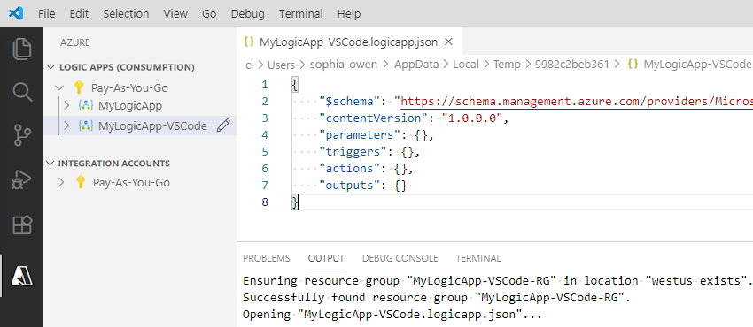Captura de tela que mostra a estrutura de uma definição vazia do fluxo de trabalho do aplicativo lógico em um arquivo JSON.