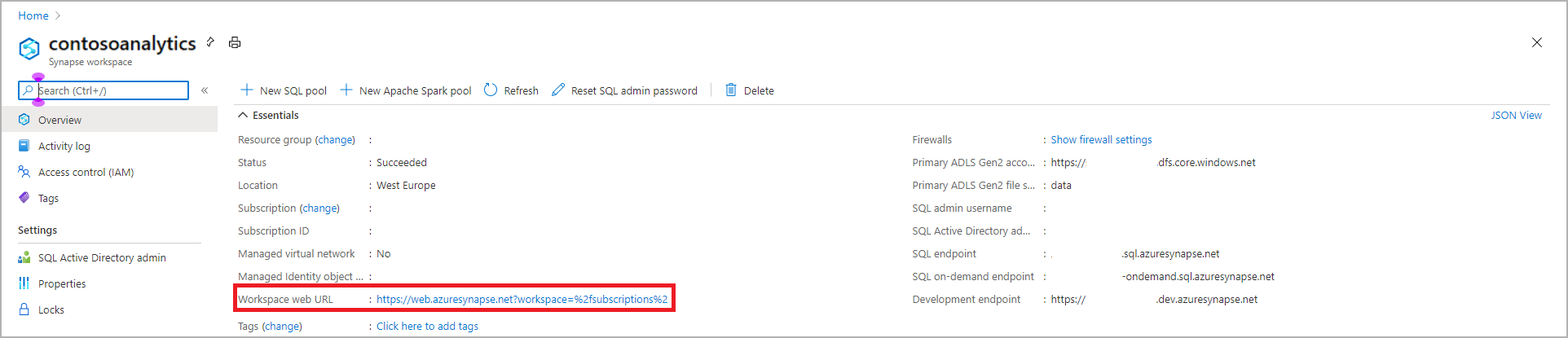 Uma captura de tela da visão geral do workspace do Azure Portal Synapse com a URL da Web do Workspace realçada.