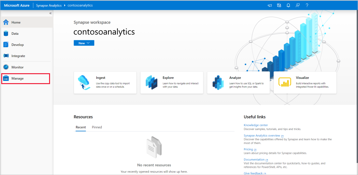 Uma captura de tela da home page do Synapse Studio com a seção Hub de Gerenciamento realçada.