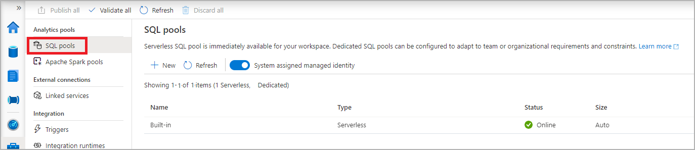 Uma captura de tela do hub de gerenciamento do Synapse Studio com a navegação de pools de SQL selecionada.