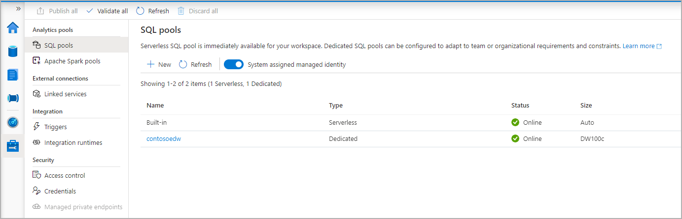 Fluxo de criação de pool SQL – provisionamento de recursos.