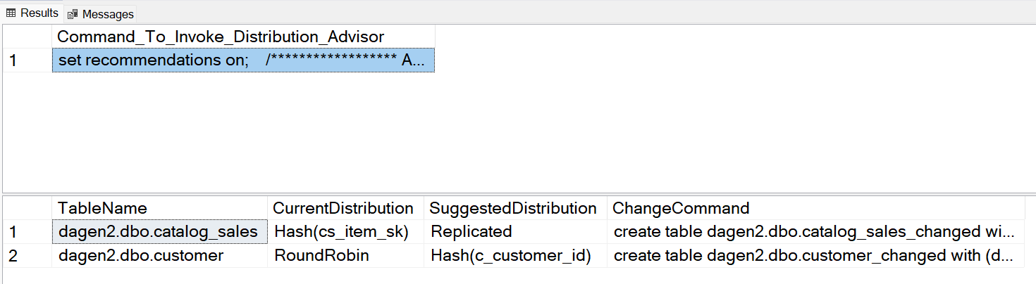 Captura de tela da saída de um resultado T-SQL mostrando o Command_to_Invoke_Distribution_Advisor com um segundo conjunto de resultados contendo comandos T-SQL de alteração de tabela.