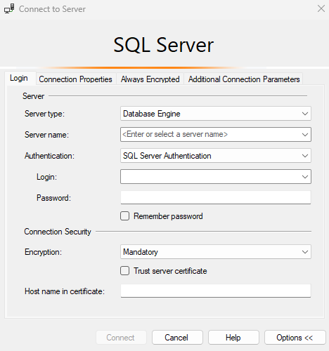 Captura de tela que mostra a caixa de diálogo Conectar ao Servidor para o pool de SQL sem servidor.