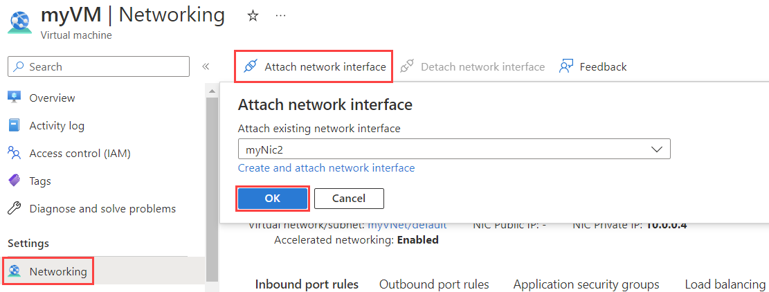 Captura de tela de anexar uma interface de rede a uma máquina virtual no portal do Azure.