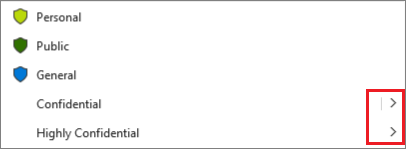 Captura de ecrã que mostra a etiqueta principal Confidencial configurada para uma sub-etiqueta predefinida.