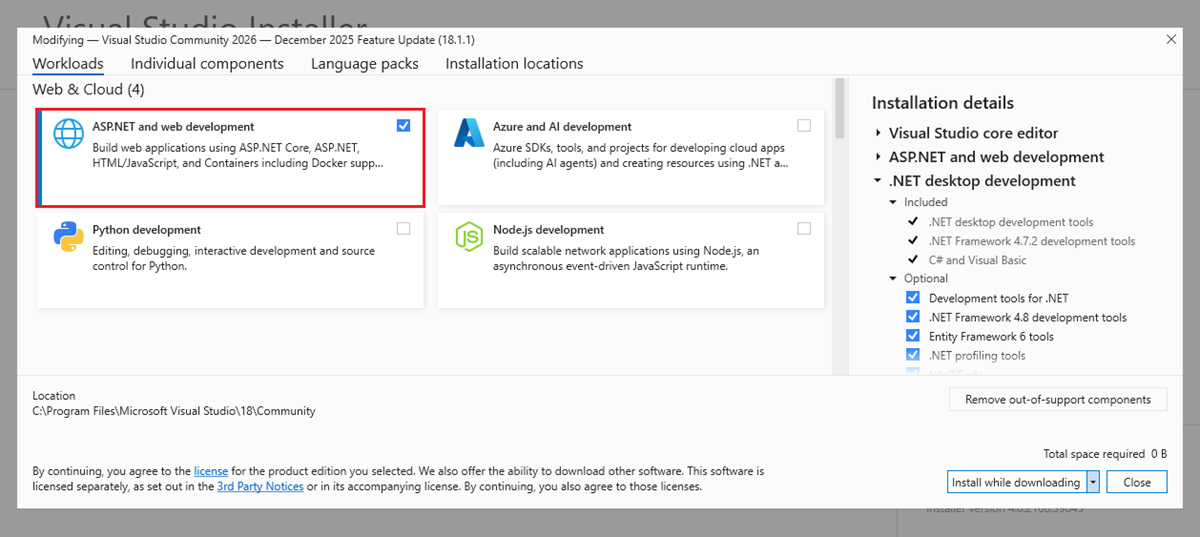 Cargas de trabalho do instalador do VS26