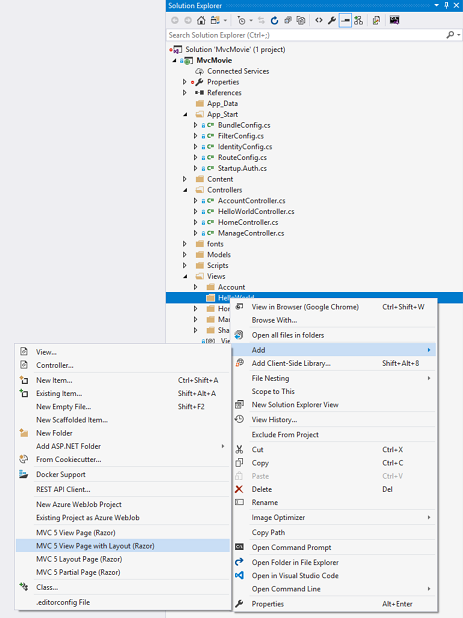 Captura de tela que mostra a janela do Gerenciador de Soluções. O menu de clique com o botão direito do mouse do Hello World e Adicionar submenu estão abertos e a Página de Exibição M V C 5 com Layout Razor está selecionada.