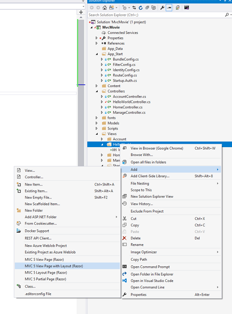Captura de tela que mostra a janela do Gerenciador de Soluções. O menu de clique com o botão direito do mouse do Hello World e Adicionar submenu estão abertos. A Página de Exibição M V C 5 com Layout Razor está selecionada.
