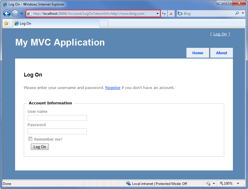 Captura de tela que mostra a página Logon do Aplicativo My M V C. A barra de título é realçada e preenchida com o retorno externo U R L.
