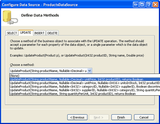 Definir a lista de Drop-Down da guia UPDATE para a sobrecarga apropriada do UpdateProduct