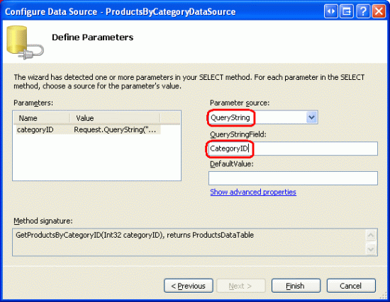 Utilize o campo Querystring para o parâmetro CategoryID