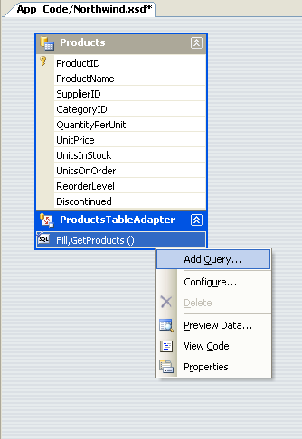 Right-Click no TableAdapter e escolha Adicionar Consulta