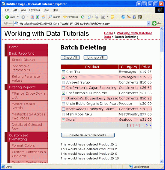 A interface de CheckBoxField.aspx foi movida para BatchDeleting.aspx