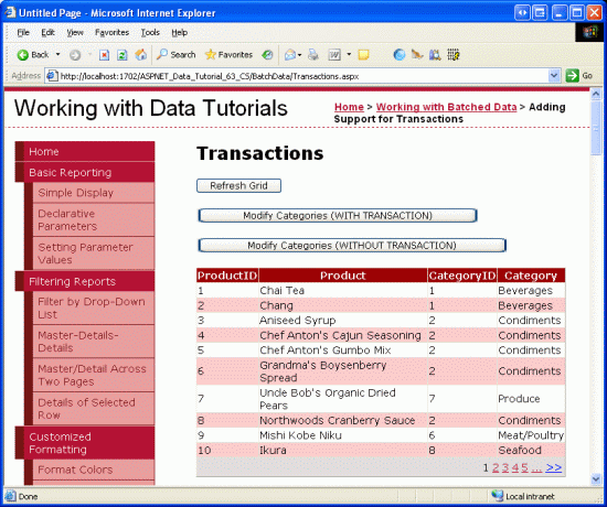Os produtos são exibidos em um Pageable GridView
