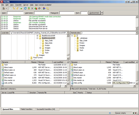 Captura de tela da janela do cliente FTP do FileZilla, que mostra que os arquivos de código-fonte do ASP dot Net foram carregados com êxito no servidor.