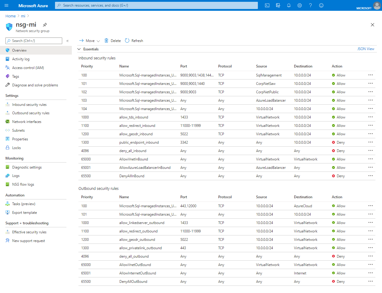 Captura de tela das Regras de Segurança para sua instância no portal do Azure.
