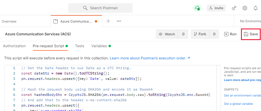 Captura de tela que mostra o botão Salvar script de pré-solicitação do Postman.