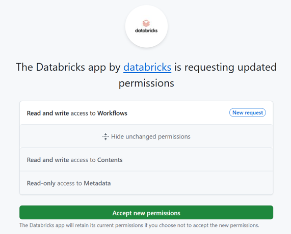 A imagem de email que você pode receber quando o aplicativo Databricks GitHub solicita acesso ao Workflow