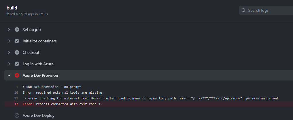 Captura de tela mostrando o erro recebido ao executar a configuração do pipeline do azd com o AzDo para Java no Windows.