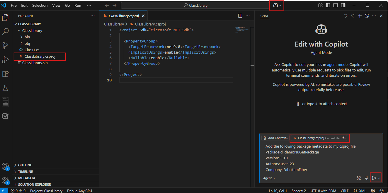 Uma captura de tela mostrando como adicionar metadados de pacote usando o GitHub Copilot no Visual Studio Code.