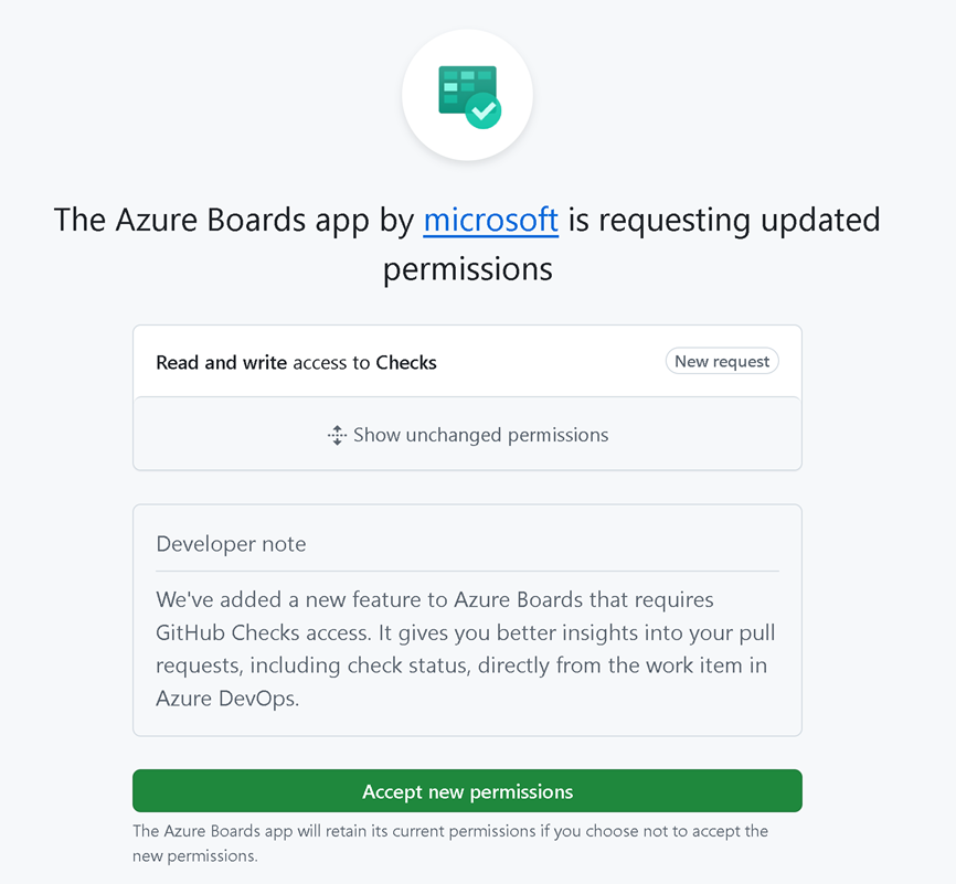 Screenshot da caixa de diálogo de permissões do aplicativo Azure Boards GitHub mostrando as permissões de verificação atualizadas.