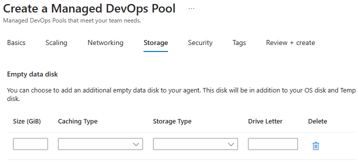 Captura de tela que mostra como configurar um disco de dados ao criar um pool.