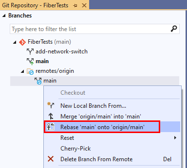 Captura de tela da opção Rebase no menu de contexto do branch na janela Repositório Git do Visual Studio 2019.
