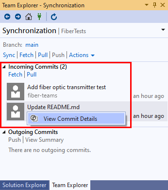 Captura de tela do menu de contexto para confirmações de entrada no modo de exibição sincronização do Team Explorer no Visual Studio 2019.