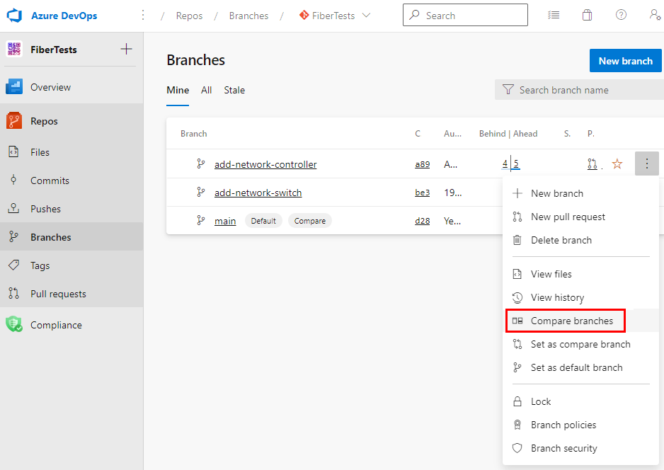 Captura de tela do menu de contexto do branch no modo de exibição Branches na página de projeto do Azure DevOps.