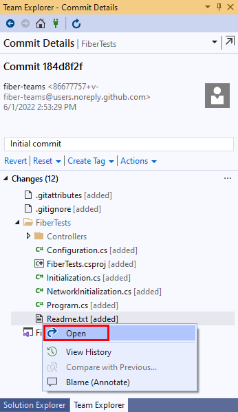 Captura de tela da opção Abrir no menu de contexto do arquivo no modo de exibição Confirmar Detalhes do Team Explorer no Visual Studio 2019.