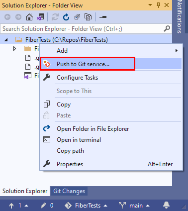 Captura de tela da opção do menu ‘Push para o serviço Git’ no menu Git na barra de menus do Visual Studio 2019.