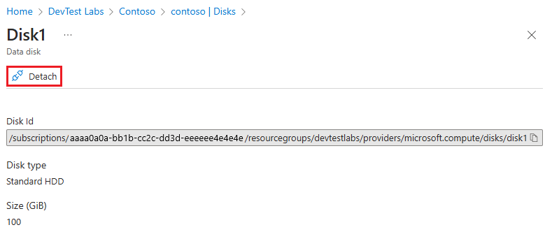 Captura de tela mostrando Desanexar na página Disco de dados.
