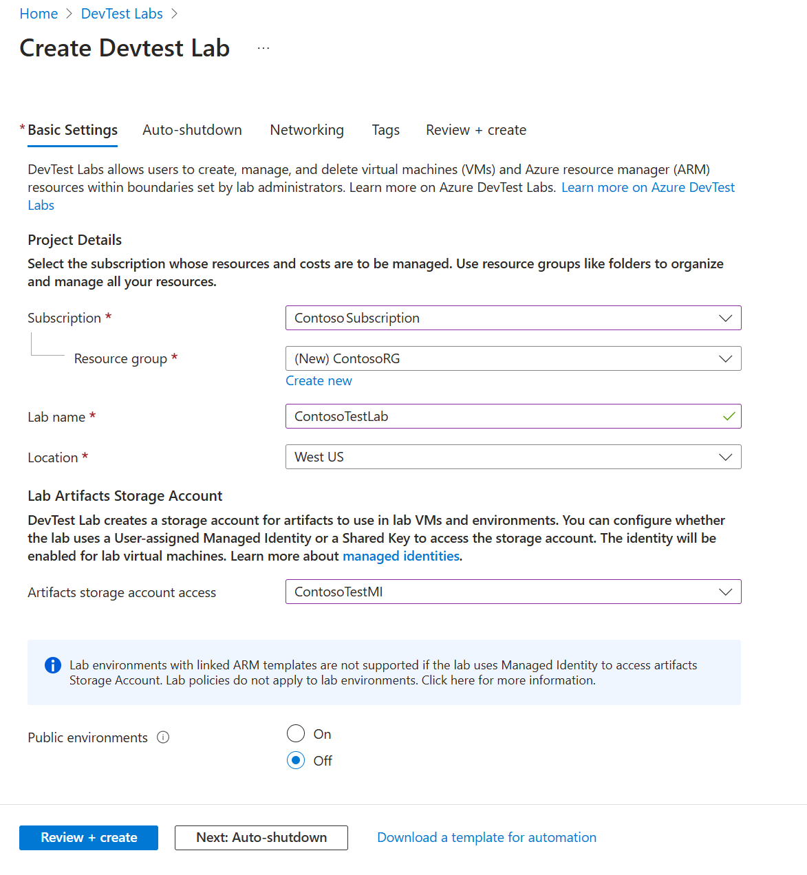 Captura de tela da guia Configurações Básicas no formulário de criação do DevTest Labs.
