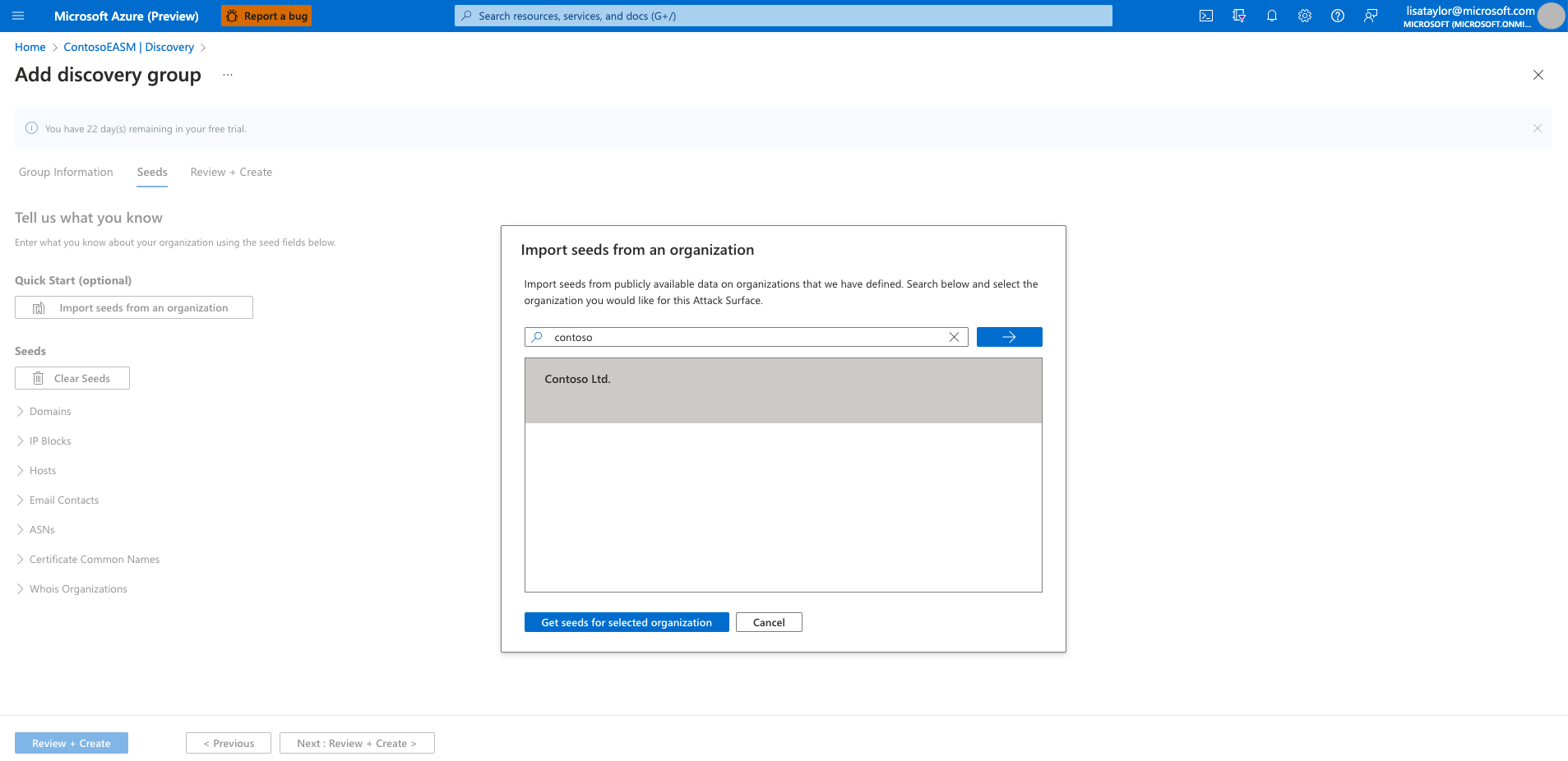 Captura de ecrã da opção de superfície de ataque pré-configurada