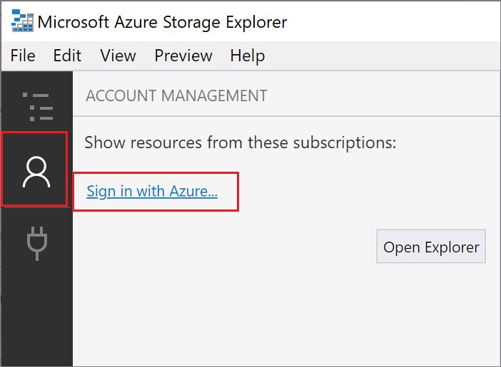 Screenshot de como adicionar uma conta de Azure ao Microsoft Azure Storage Explorer.
