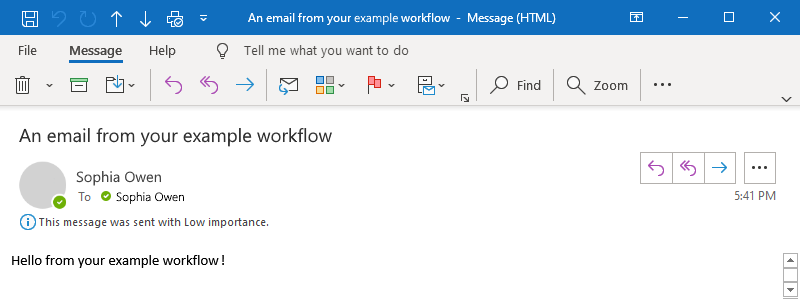 A captura de tela mostra o email do Outlook, conforme descrito no exemplo.