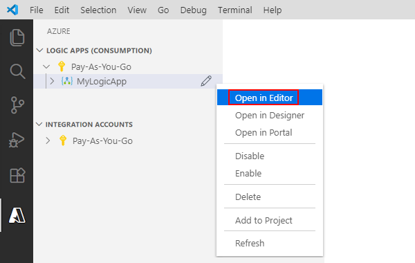 Captura de tela que mostra a janela do Azure, o menu de atalho do aplicativo lógico e Abrir no Editor selecionado.