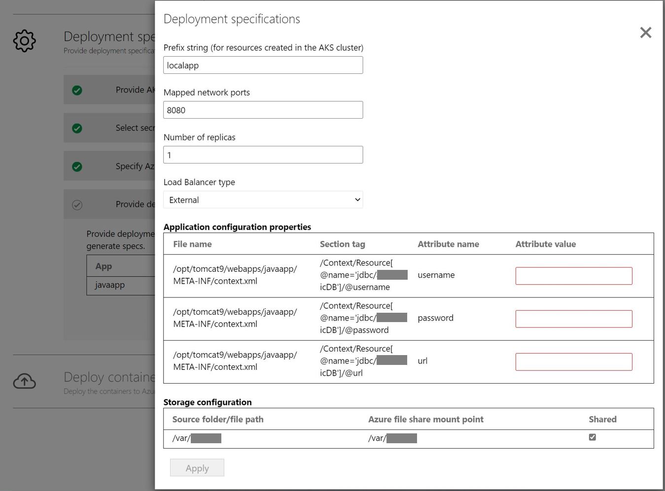 Captura de tela da configuração do aplicativo de implantação.